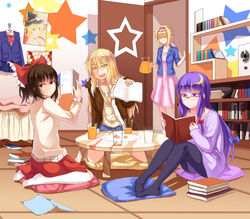  absurdres alice_margatroid bangs bedroom bespectacled blonde_hair book book_stack bookshelf bow braid brown_eyes brown_hair cd_case contemporary cookie crescent crescent_hair_ornament cup cushion dress drinking_glass food glasses hair_ornament hairbow hakurei_reimu headband highres holding jacket kirisame_marisa kneehighs mosaic_art multiple_girls open_book orange_juice over-rim_eyewear patchouli_knowledge pitcher plate ponytail poster_(object) purple_eyes purple_hair reading red-framed_eyewear sanriyueguyun school_uniform semi-rimless_eyewear shaded_face sitting skirt speaker star sweatdrop table tile_floor tiles touhou wariza yellow_eyes 