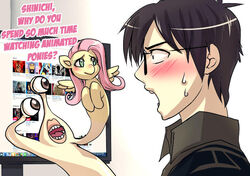  bakki blush bodily_fluids clothed clothing computer duo electronics english_text eyewear female fluttershy_(mlp) friendship_is_magic glasses hair hasbro human izumi_shinichi long_hair male mammal migi_(parasyte) my_little_pony open_mouth parasyte parasyte_(series) pink_hair sweat text 