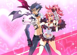  1boy :d arched_crown bad_id bad_pixiv_id between_breasts blue_hair bracelet breasts cleavage crown dark_blue_hair disgaea female frilled_skirt frills gloves gun handgun heart hinano jewelry killia_(disgaea) makai_senki_disgaea_5 medium_breasts navel necktie necktie_between_breasts oerba_yun_fang one_eye_closed open_mouth pink_hair pointy_ears ponytail purple_eyes red_crown scarf seraphina_(disgaea) short_hair skirt smile weapon yellow_eyes 