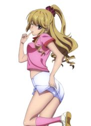  aiba_asagi finger_to_mouth from_side gym_uniform hair_ornament hair_scrunchie high_ponytail highres index_finger_raised kneehighs leg_up light_brown_hair long_hair looking_at_viewer one_eye_closed parted_lips pink_legwear pink_shirt red_eyes scrunchie shirt short_sleeves shorts shorts_under_skirt skirt skirt_lift solo standing strike_the_blood transparent_background white_shorts white_skirt 