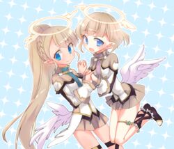  2girls angel angel_wings blonde_hair blue_eyes blush braid commentary_request cross-laced_footwear cross-laced_sandals french_braid full_body halo highres holding_hands interlocked_fingers kyuuri_(miyako) liliana_hart long_hair low_wings misty_sheikh multiple_girls open_mouth pleated_skirt pointy_ears ponytail pop-up_story sandals skirt smile st._feles_gakuen_uniform white_wings wings 