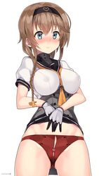  ass_visible_through_thighs black_gloves blue_eyes blush braid breasts brown_hair buttons clothes_lift clothes_writing commentary_request covered_nipples female gloves hachimaki hair_ornament hairband headband heart heart-shaped_lock heart_lock_(kantai_collection) highres kantai_collection kuro_chairo_no_neko large_breasts long_hair miniskirt neckerchief panties propeller_hair_ornament red_panties school_uniform serafuku short_sleeves simple_background skirt skirt_lift smile solo teruzuki_(kancolle) thigh_gap thighs twin_braids twitter_username underwear white_background white_gloves zipper zipper_panties 