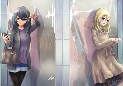  2girls andou_(girls_und_panzer) antonio_banderas artist_name bag black_dress black_hair black_jacket blazer blonde_hair blue_eyes blue_shorts brown_coat brown_eyes brown_legwear casual cellphone closed_mouth coat commentary dark-skinned_female dark_skin denim denim_shorts desperado dress frown girls_und_panzer handbag highres holding holding_phone jacket kakimoto_nao medium_hair messy_hair multiple_girls open_mouth oshida_(girls_und_panzer) outdoors pantyhose pantyhose_under_shorts phone purple_shirt shirt shorts signature smartphone standing trench_coat winter_clothes 