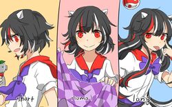  alternate_hair_length alternate_hairstyle bad_id bad_twitter_id black_hair bow checkered comparison cone_horns english_text female grey_horns horns impossible_spell_card kijin_seija long_hair looking_at_viewer misha_(hoongju) multicolored_hair multiple_views oerba_yun_fang open_mouth profile puffy_sleeves ranguage red_eyes red_hair short_hair short_sleeves small_horns smile tongue tongue_out touhou white_hair yin_yang 