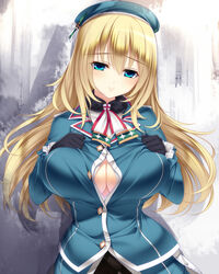  atago_(kancolle) black_gloves blonde_hair blue_eyes blush breasts cleavage commentary_request dragonmaterial female gloves hat highres kantai_collection large_breasts long_hair looking_at_viewer military military_uniform panties panties_under_pantyhose pantyhose smile solo underwear uniform 