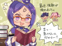  &gt;_&lt; 1boy 2girls :&gt; :d anger_vein blush blush_stickers book closed_eyes commentary eco_(petticoat) fangs garrison_cap glasses grin hair_ornament hairclip hat monica_grace multiple_girls official_art open_book open_mouth pop-up_story purple_eyes purple_hair red-framed_eyewear revia_serge short_hair smile st._feles_gakuen_uniform translated triangle_mouth v-shaped_eyebrows xd ziz_glover 