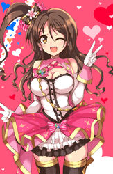  bad_id bad_pixiv_id breasts brown_eyes brown_hair cleavage double_v echizen_(hvcv) elbow_gloves female gloves idolmaster idolmaster_cinderella_girls idolmaster_cinderella_girls_starlight_stage large_breasts long_hair one_eye_closed one_side_up shimamura_uzuki solo stage_of_magic_(idolmaster) thighhighs v 