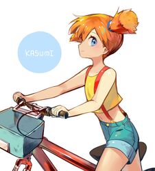  absurdres bad_id bad_twitter_id bicycle bicycle_basket blue_eyes character_name cowboy_shot denim denim_shorts female highres kasumi_(pokemon) looking_at_viewer orange_hair pokemon pokemon_(anime) pokemon_(classic_anime) shorts side_ponytail solo suspenders tank_top thighs walking walking_bike yamtteng 