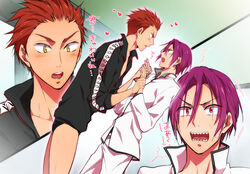  2boys asmarine blush commentary_request free! heart holding_hands jacket male_focus male_swimwear matsuoka_rin mikoshiba_seijuurou multiple_boys red_eyes red_hair sharp_teeth swim_briefs teeth translated yaoi yellow_eyes 