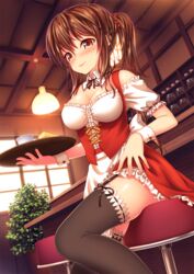  apron black_thighhighs blush breasts brown_eyes brown_hair commentary_request female garter_straps highres long_hair looking_at_viewer medium_breasts moe2016 nazu-na original ponytail skirt smile solo thighhighs thighs tray waitress wrist_cuffs 