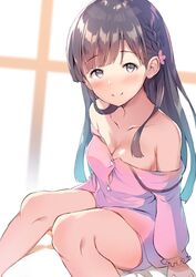  bad_id bad_twitter_id bare_legs bare_shoulders blunt_bangs blush braid breasts brown_hair cleavage collarbone female grey_eyes idolmaster idolmaster_cinderella_girls kobayakawa_sae long_hair long_sleeves medium_breasts off_shoulder pink_shirt shirt simple_background sitting smile solo straight_hair ultone_(neisiss) 