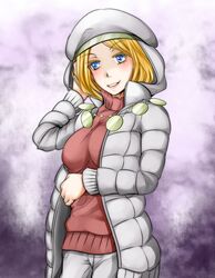  bad_id bad_pixiv_id blonde_hair blue_eyes blush female hand_in_own_hair jacket pants shin_(highest1192) short_hair smile solo sweater teeth toaru_majutsu_no_index vasilissa 