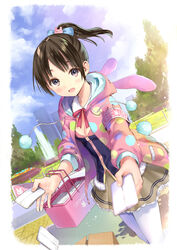  :d animal_hood armband black_hair blue_sky blurry blush bow box breasts building cardboard_box cleavage cloud commentary_request cowboy_shot day depth_of_field detached_collar dropping dutch_angle female fountain grass grey_eyes hair_ornament hairbow hanekoto highres holding hood hood_down jacket long_hair long_sleeves looking_at_viewer miniskirt moe2016 nail_polish open_clothes open_jacket open_mouth original outdoors outstretched_arm pantyhose park pavement pink_nails polka_dot pom_pom_(clothes) ponytail rabbit_hair_ornament rabbit_hood reaching reaching_towards_viewer safety_pin shade skirt sky skyscraper small_breasts smile solo standing striped tissue tree vertical_stripes water white_pantyhose 