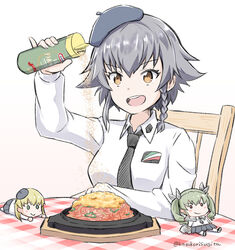  :d anchovy_(girls_und_panzer) anzio_school_uniform beret black_hair black_hat braid brown_eyes carpaccio_(girls_und_panzer) character_doll cheese commentary dress_shirt elbow_rest emblem female food girls_und_panzer hair_tie hat holding katakori_sugita kraft long_sleeves napolitan open_mouth pantyhose parmesan_cheese pasta pepperoni_(girls_und_panzer) plaid plate school_uniform shirt short_hair side_braid signature simple_background sitting smile solo spaghetti table tablecloth twitter_username white_background white_shirt wooden_chair 