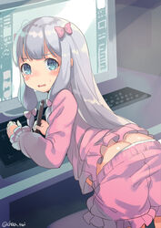  ass blue_eyes blush bow butt_crack computer computer_keyboard drawing_tablet eromanga_sensei female grey_hair hairbow izumi_sagiri long_hair looking_at_viewer looking_back monitor open_mouth pajamas pajamas_pull panties panty_peek solo stylus underwear white_panties yumekui 