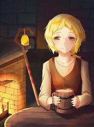  androgynous beer_mug bell blonde_hair blush brick brown_eyes commentary_request cup dark drink female fireplace forehead half-closed_eyes hassaku_sherbert holding holding_cup indoors long_sleeves looking_at_viewer mug nora_arento short_bangs short_hair smile solo spice_and_wolf split_mouth staff table wooden_table 