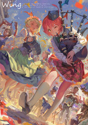  2girls :d ;) ^_^ alphonse_(white_datura) arms_up bagpipes blonde_hair blouse bodice bow bowtie brown_eyes closed_eyes commentary concertina confetti dancing dated dress dutch_angle facial_hair festival flag flower_wreath frilled_skirt frills garrison_cap glenngarry_cap grey_socks guitar hat head_wreath hoshizora_rin instrument kilt kneehighs koizumi_hanayo leaning_forward long_sleeves love_live! love_live!_school_idol_project military_hat moustache multiple_boys multiple_girls one_eye_closed open_mouth outdoors photoshop_(medium) plaid plaid_legwear red_hair sandals scots_text shirt signature sitting skirt sky smile socks standing string_of_flags sunglasses text_focus translated tuba vest washboard white_shirt 