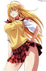  absurdres blonde_hair blue_eyes earrings female hand_on_own_hip highres ikkitousen jewelry long_hair magatama magatama_earrings pleated_skirt red_skirt rin-sin school_uniform simple_background skirt solo sonsaku_hakufu white_background 