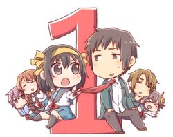  2boys 4girls asahina_mikuru blue_sailor_collar blue_skirt brown_cardigan brown_eyes brown_hair cardigan chibi closed_eyes commentary_request countdown hair_ribbon kita_high_school_uniform koizumi_itsuki kyon multiple_boys multiple_girls nagato_yuki necktie open_mouth purple_eyes purple_hair red_necktie ribbon sailor_collar school_uniform serafuku short_hair simple_background skirt smile suzumiya_haruhi suzumiya_haruhi_no_yuuutsu taiki_(6240taiki) watahashi_yasumi white_background winter_uniform 