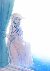  animal_ears backlighting bare_arms bare_shoulders blue_eyes breasts cleavage commentary_request curtains dress female fox_ears jewelry konshin large_breasts necklace orie_mishiro original pendant see-through silver_hair solo water wet wet_clothes wet_dress white_dress white_hair 