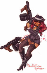  alternate_costume artist_self-insert bad_id bad_tumblr_id boots breasts brown_hair cleavage cosplay crime_city_miss_fortune cross-laced_footwear dark-skinned_female dark_skin dual_wielding ehryel ehryel_(x-arielle) fedora female formal garter_straps glasses gun hat holding jacket knee_boots lace-up_boots league_of_legends mafia medium_breasts miniskirt miss_fortune_(league_of_legends) miss_fortune_(league_of_legends)_(cosplay) original pencil_skirt photoshop_(medium) pinstripe_pattern pinstripe_suit red-framed_eyewear skirt skirt_suit solo striped submachine_gun suit thighhighs thompson_submachine_gun weapon 