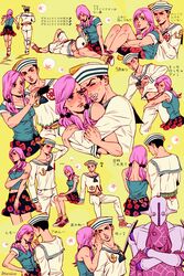  1boy anchor_symbol artist_name belt birthmark black_eyes black_hair blush bubble cellphone closed_eyes couple crying dixie_cup_hat female flower_skirt frown hair_bobbles hair_ornament hat heart higashikata_josuke_(jojolion) highres hirose_yasuho hug hug_from_behind hugging_own_legs index_finger_raised joestar_birthmark jojo_no_kimyou_na_bouken jojolion lips lying marion-ville military_hat navel on_back open_mouth paisley_park_(stand) partially_translated phone pink_hair quad_tails running sailor shoes shorts sitting skirt smartphone smile sneakers soft_&amp;_wet stand_(jojo) star_(symbol) straight sweat sweatdrop tears translation_request whispering yokozuwari 