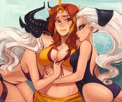  3girls ass back bare_back bent_over big_hair bikini blue_eyes breasts closed_mouth colored_sclera commentary curly_hair diana_(league_of_legends) double_vertical_stripe ear_protection ehryel english_commentary eyeliner facial_mark fantasy forehead forehead_mark front-tie_bikini_top front-tie_top furrowed_brow gold_trim headpiece kissing_breast large_breasts league_of_legends leona_(league_of_legends) lips lipstick long_hair looking_at_viewer makeup making-of_available multiple_girls nape narrowed_eyes navel nose one-piece_swimsuit orange_eyes orange_hair pool_party_leona profile red_sclera sarong shoulder_blades signature swimsuit syndra toon_(style) tumblr_username undressing very_long_hair waist_hold watermark white_hair yellow_sarong yuri 