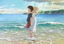  2girls anna_(omoide_no_marnie) back-to-back barefoot beach blonde_hair brown_hair cloud day dress from_side highres holding_hands interlocked_fingers light_rays long_hair marnie_(omoide_no_marnie) multiple_girls ocean official_art omoide_no_marnie outdoors profile ribbon short_hair short_sleeves shorts sky sunbeam sunlight wading water white_dress 