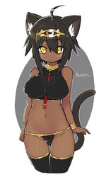  ahoge animal_ear_fluff animal_ears bare_shoulders bastet_(mythology) black_hair black_thighhighs blush bracelet breasts cat_ears cat_tail character_name commentary_request dark-skinned_female dark_skin egyptian egyptian_mythology female jewelry large_breasts long_hair looking_at_viewer mofuaki navel original simple_background sleeveless solo tail thighhighs white_background yellow_eyes 