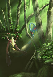  atelier_pocket bad_id bad_pixiv_id branch forest light_rays milotic nature no_humans outdoors photoshop_(medium) plant pokemon pokemon_(creature) solo sunlight tree water 