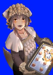  apron bad_food bazelgeuse blue_background blush brown_eyes brown_gloves capelet cent_u collarbone commentary_request explosion female food gloves grey_hair headdress highres holding holding_tray long_sleeves looking_at_viewer monster_hunter:_world monster_hunter_(series) open_mouth pants personification scales shirt short_hair simple_background smile solo tail teeth tray upper_body 