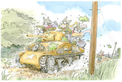  bad_id bad_pixiv_id cloud commentary_request furry grass m4_sherman military military_vehicle motor_vehicle nyanta_(nyanta-nyankichi-2013) original shovel sky tank traditional_media tree 