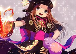  bad_id bad_twitter_id black_gloves brown_hair chacha_(fate) dress fate/grand_order fate_(series) female gloves grey_background hand_on_own_hip hat iduhara_jugo kikumon long_hair looking_at_viewer mitsudomoe_(shape) obi open_mouth pom_pom_(clothes) rope sash simple_background tomoe_(symbol) upper_body 