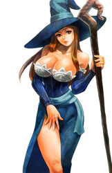  bare_shoulders breasts brown_eyes brown_hair cleavage commentary_request detached_sleeves dragon&#039;s_crown female hat large_breasts long_hair looking_at_viewer mizuki_apple simple_background smile solo sorceress_(dragon&#039;s_crown) staff white_background witch_hat 