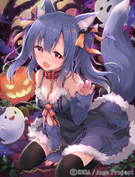  :o ange_vierge animal_ears bare_shoulders bare_tree bat_earrings between_breasts between_legs black_legwear blue_hair blue_skirt blush breasts chains character_request collar commentary_request copyright_name detached_sleeves full_moon ghost halloween hand_between_legs jack-o&#039;-lantern looking_at_viewer medium_breasts moon nail_polish night oerba_yun_fang official_art outdoors paw_pose pink_eyes purple_nails red_collar shamonor sitting skirt solo spider_web_print tail thighhighs tree wariza watermark wolf_ears wolf_tail 