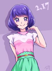  akeboshi_karin chocokin commentary_request cowboy_shot dated female go!_princess_precure green_skirt looking_at_viewer precure purple_background purple_eyes purple_hair shirt short_hair signature skirt smile solo straight-on 