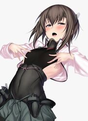  bad_id bad_twitter_id blush breasts brown_eyes brown_hair covered_navel covered_nipples female grey_background hair_between_eyes headband headgear kantai_collection long_sleeves looking_at_viewer machinery open_mouth pleated_skirt short_hair sideways_glance simple_background skirt small_breasts solo spread_nipple standing taihou_(kancolle) teeth tongue torogao ulrich_(tagaragakuin) white_background 