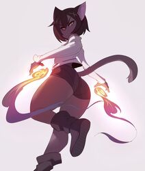  2017 anthro ass black_hair bottomwear butt_pose clothed clothing domestic_cat felid feline felis female fire grey_background hair kanel katana_(black-kat) looking_back mammal pose short shorts simple_background solo 