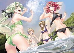  3: 4girls :d ass bikini black_bikini blonde_hair blue_eyes blush braid breasts brown_hair cow_girl_(goblin_slayer!) criss-cross_halter day dutch_angle elf goblin_slayer! green_bikini green_eyes green_hair guild_girl_(goblin_slayer!) hair_over_shoulder halterneck high_elf_archer_(goblin_slayer!) highres holding_hands kannatsuki_noboru long_hair lossy-lossless multiple_girls navel novel_illustration official_art open_mouth outdoors pointy_ears ponytail priestess_(goblin_slayer!) red_hair short_hair side-tie_bikini_bottom sidelocks single_braid sky small_breasts smile splashing swimsuit wading 