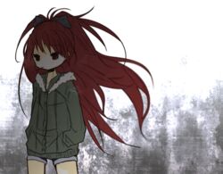  bow commentary_request female food green_bow hairbow karaage_(torikkk) long_hair mahou_shoujo_madoka_magica mahou_shoujo_madoka_magica_(anime) mouth_hold pocky ponytail red_eyes red_hair sakura_kyoko shorts simple_background solo 