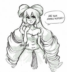  biting_own_lip bow breasts corset drill_hair ehryel english_text female hairbow long_hair monochrome small_breasts speech_bubble troll_face twin_drills twintails very_long_hair 