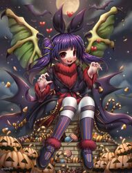  artist_name bat_(animal) bat_wings blue_hair blush candy chocolate chocolate_bar commentary commission dragon_wings emperpep english_commentary female fire_emblem fire_emblem:_the_sacred_stones fire_emblem_heroes food full_moon hairband heart highres jack-o&#039;-lantern kneehighs lollipop looking_at_viewer medium_hair moon myrrh_(fire_emblem) myrrh_(halloween)_(fire_emblem) night open_mouth pantyhose red_eyes signature sitting sky smile socks solo star_(sky) starry_sky striped_clothes striped_socks twintails vertical-striped_clothes vertical-striped_socks white_legwear wings 