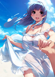  :d bare_shoulders beach bikini blue_background blue_eyes blue_hair blunt_bangs blush breasts cleavage cloud comic_megastore_alpha commentary_request day dress female fingernails front-tie_top hat holding_hands large_breasts long_hair looking_at_viewer navel open_mouth original out_of_frame outdoors photoshop_(medium) pov pov_hands sasaoka_gungu see-through side-tie_bikini_bottom skirt_hold sky smile solo_focus sun_hat sundress swimsuit unworn_hat unworn_headwear 