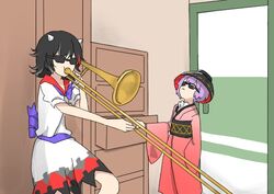  2girls :&lt; bad_id bad_pixiv_id black_hair bow bowl bowl_hat chest_of_drawers cone_horns door flat_chest flipped_hair gradient hat holding horns indoors instrument japanese_clothes kijin_seija kimono long_sleeves meme misha_(hoongju) multicolored_hair multiple_girls music obi oekaki outstretched_arm parody playing_instrument purple_hair red_hair sash short_hair short_sleeves small_horns standing sukuna_shinmyoumaru sunglasses touhou trombone when_mama_isn&#039;t_home_(meme) white_hair white_horns wide_sleeves 