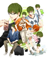  1boy ? basketball_jersey black_cat blue_shirt brown_pants can coat feline full_body glasses green_eyes green_hair hair_between_eyes highres holding holding_can jacket jacket_on_shoulders kuroko_no_basuke male_focus midorima_shintarou moisama motion_lines multiple_views onsen open_clothes open_jacket orange_jacket pants parted_lips rubber_duck school_uniform shirt short_hair shorts sleeveless sleeveless_shirt steam teeth topless_male translation_request twitter_username white_background white_coat white_shirt white_shorts 