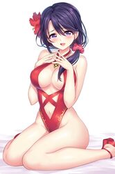  bad_id bad_twitter_id blush breasts cleavage female fingers_together flower hair_flower hair_ornament hair_over_shoulder large_breasts long_hair looking_at_viewer mahou_shoujo_madoka_magica mahou_shoujo_suzune_magica mikoto_tsubaki navel one-piece_swimsuit ponytail purple_eyes purple_hair red_footwear red_one-piece_swimsuit revision senri_gan shoes simple_background sitting solo steepled_fingers swimsuit wariza white_background 