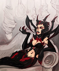  arthropod_girl black_hair black_lips black_sclera breasts chaise_longue cleavage cocoon colored_sclera ehryel elbow_gloves elise_(league_of_legends) eyeshadow female fingernails gloves league_of_legends lipstick lying makeup medium_breasts nail_polish navel on_side reclining red_eyes sharp_fingernails sharp_teeth short_hair solo_focus spider_girl teeth tongue tongue_out 