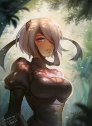  2b_(nier:automata) artist_name black_blindfold black_dress blindfold blindfold_down blindfold_slip breasts cleavage cleavage_cutout clothing_cutout commentary dated dress english_commentary female hairband highres large_breasts light_rays looking_at_viewer nier:automata nier_(series) one_eye_covered puffy_sleeves solo sommimi sunlight upper_body white_hair 