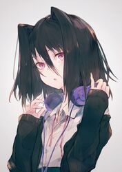  :o black_hair cardigan commentary female gradient_background hair_between_eyes hair_intakes headphones headphones_around_neck kashii_(amoranorem) koi_to_senkyo_to_chocolate morishita_michiru open_cardigan open_clothes pinky_out purple_eyes ribbon school_uniform shirt short_hair solo upper_body 