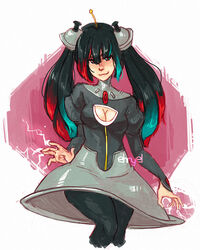  bell black_hair black_pantyhose breasts cleavage cleavage_cutout clothing_cutout ehryel electricity female green_hair hair_bell hair_ornament long_hair magnezone medium_breasts multicolored_hair pantyhose personification pokemon red_hair skirt smile solo twintails 